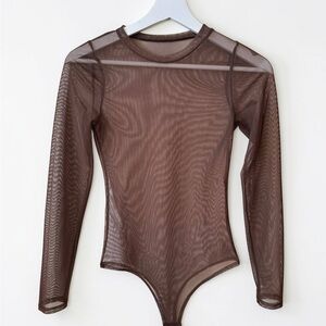 Sheer Long Sleeve Brown Mesh Bodysuit